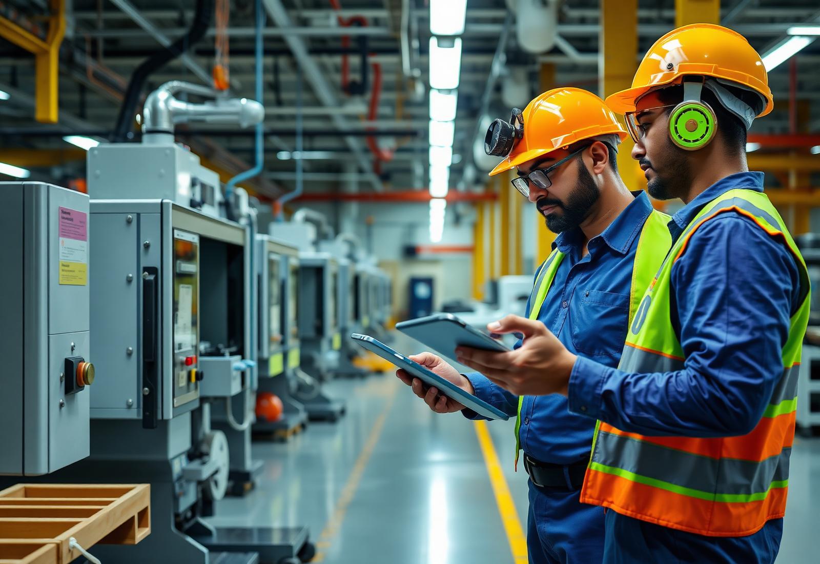 Indian manufacturing engineers using tablet on shop floor